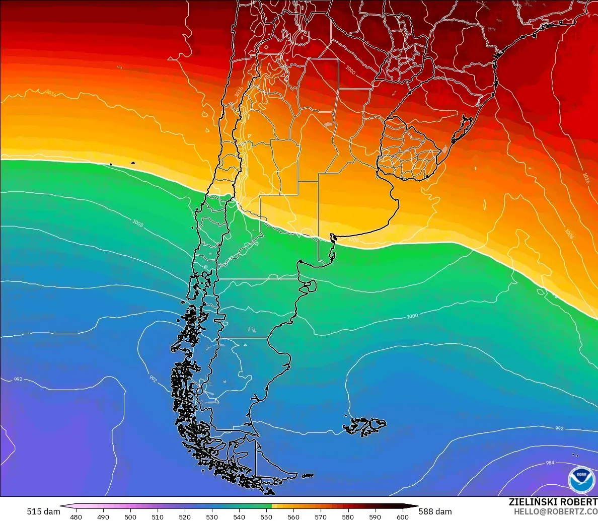GFS modelo - Argentina, Altura geopotencial a 500 hPa