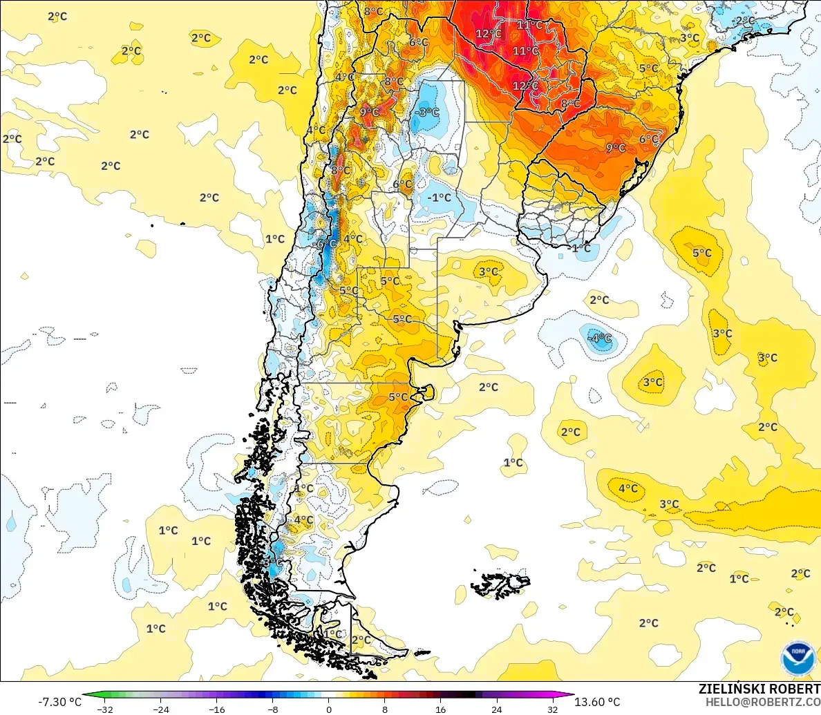 GFS modelo - Argentina, Anomalía de temperatura a 2 m