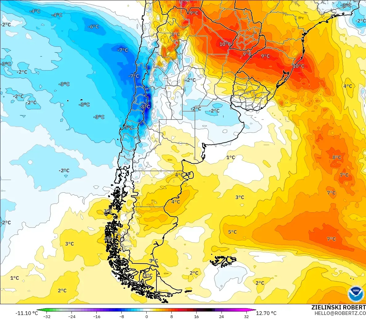GFS modelo - Argentina, Anomalía de temperatura a 850 hPa