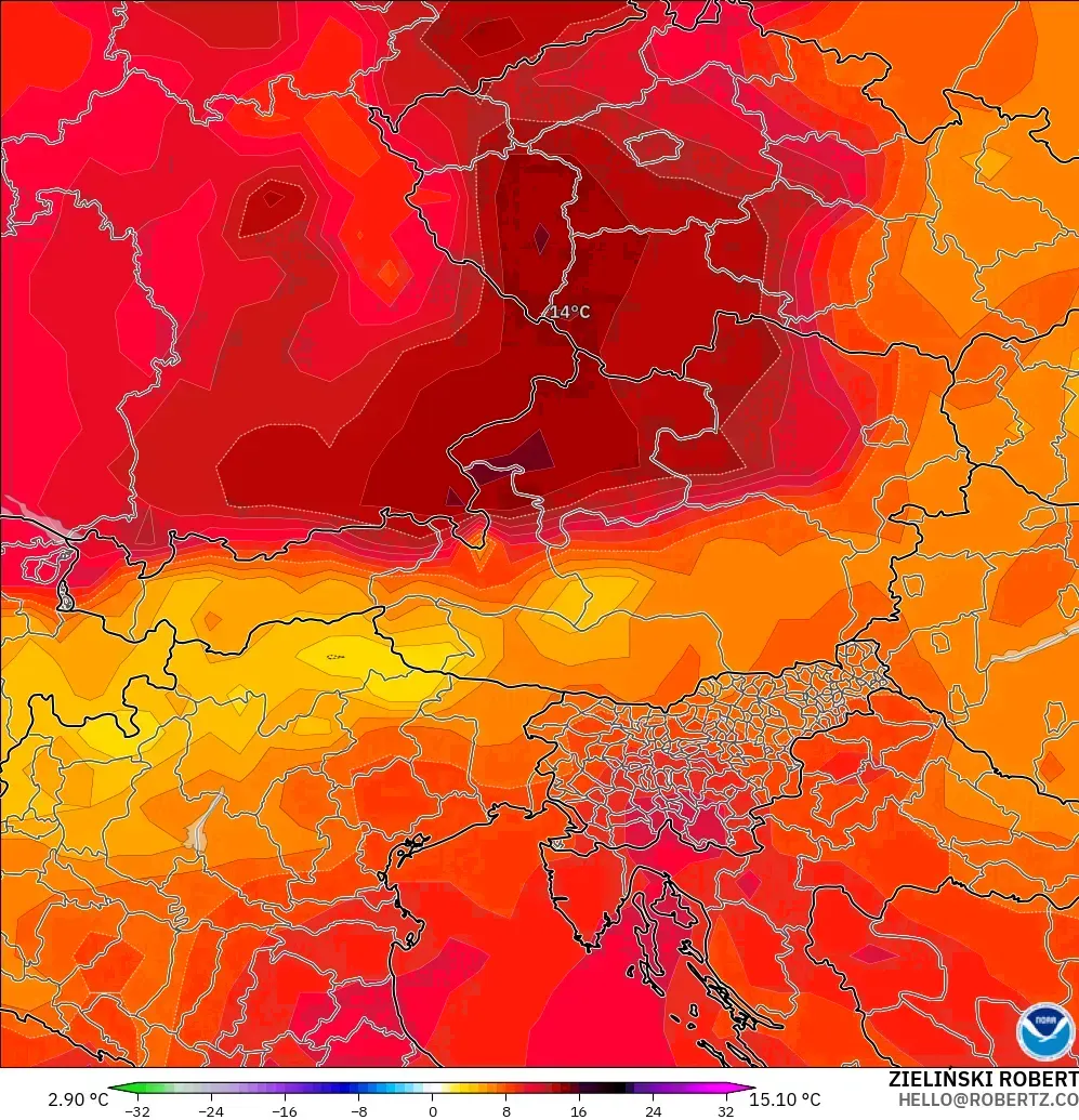 GFS modelo - Austria, Anomalía de temperatura a 850 hPa