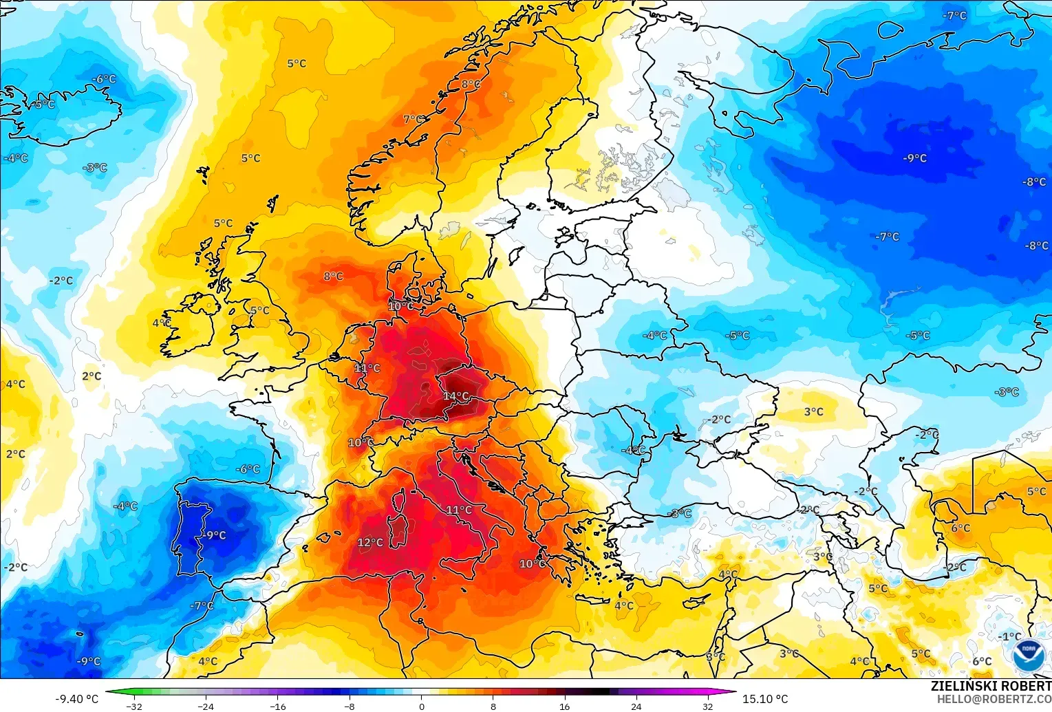 GFS modelo - Europa, Anomalía de temperatura a 850 hPa