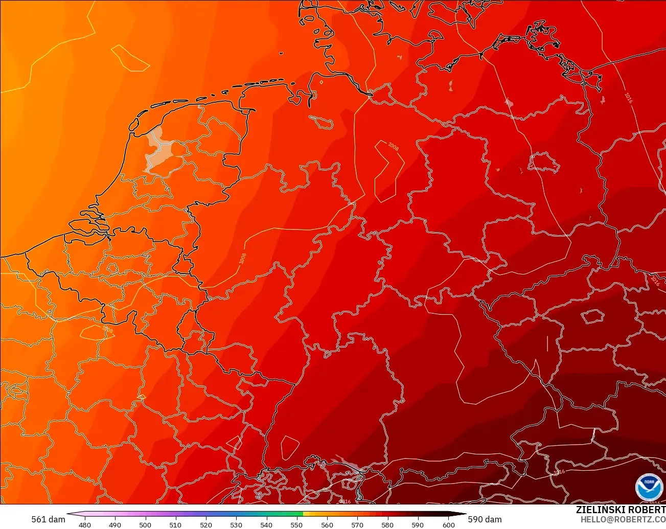 GFS modelo - Alemania, Altura geopotencial a 500 hPa