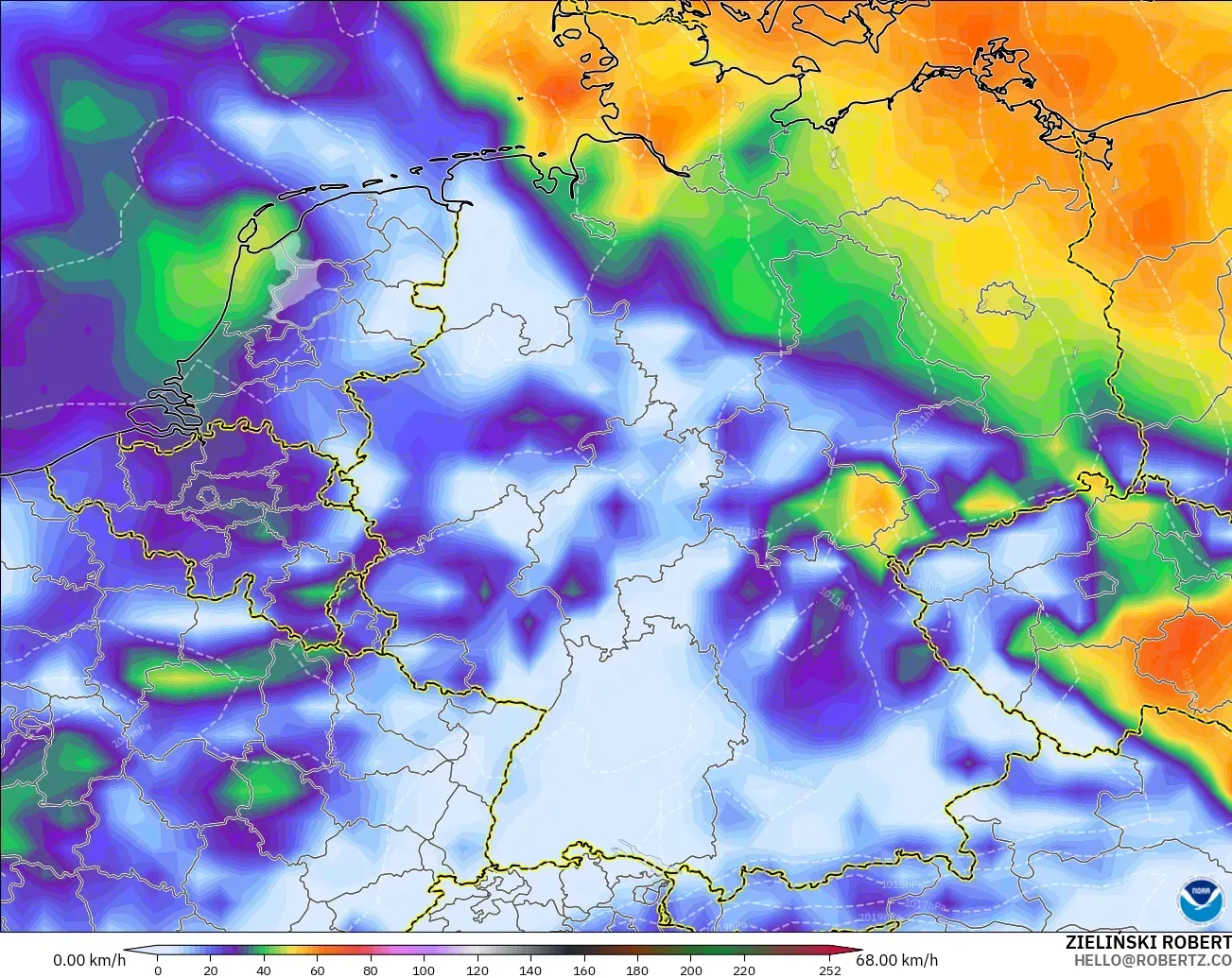 GFS modelo - Alemania, Ráfagas de Viento Máximas