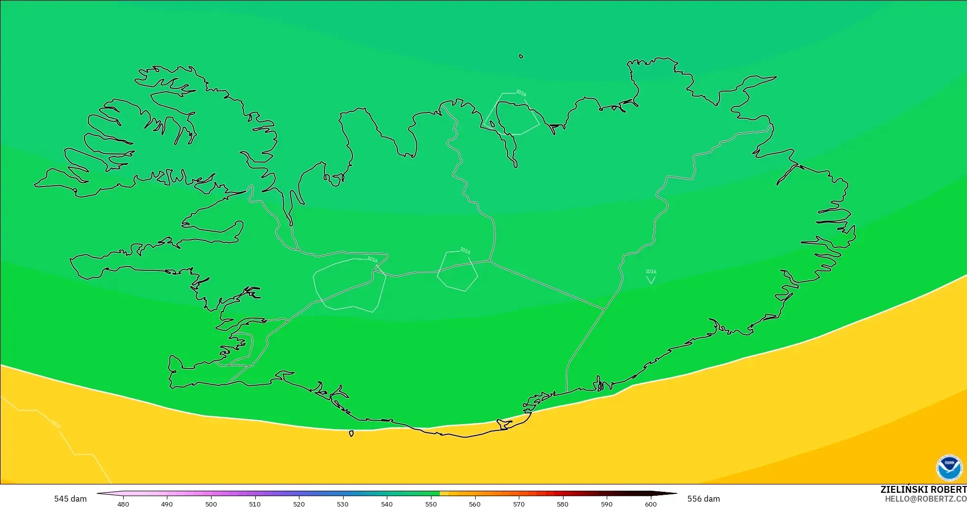 GFS modelo - Islandia, Altura geopotencial a 500 hPa