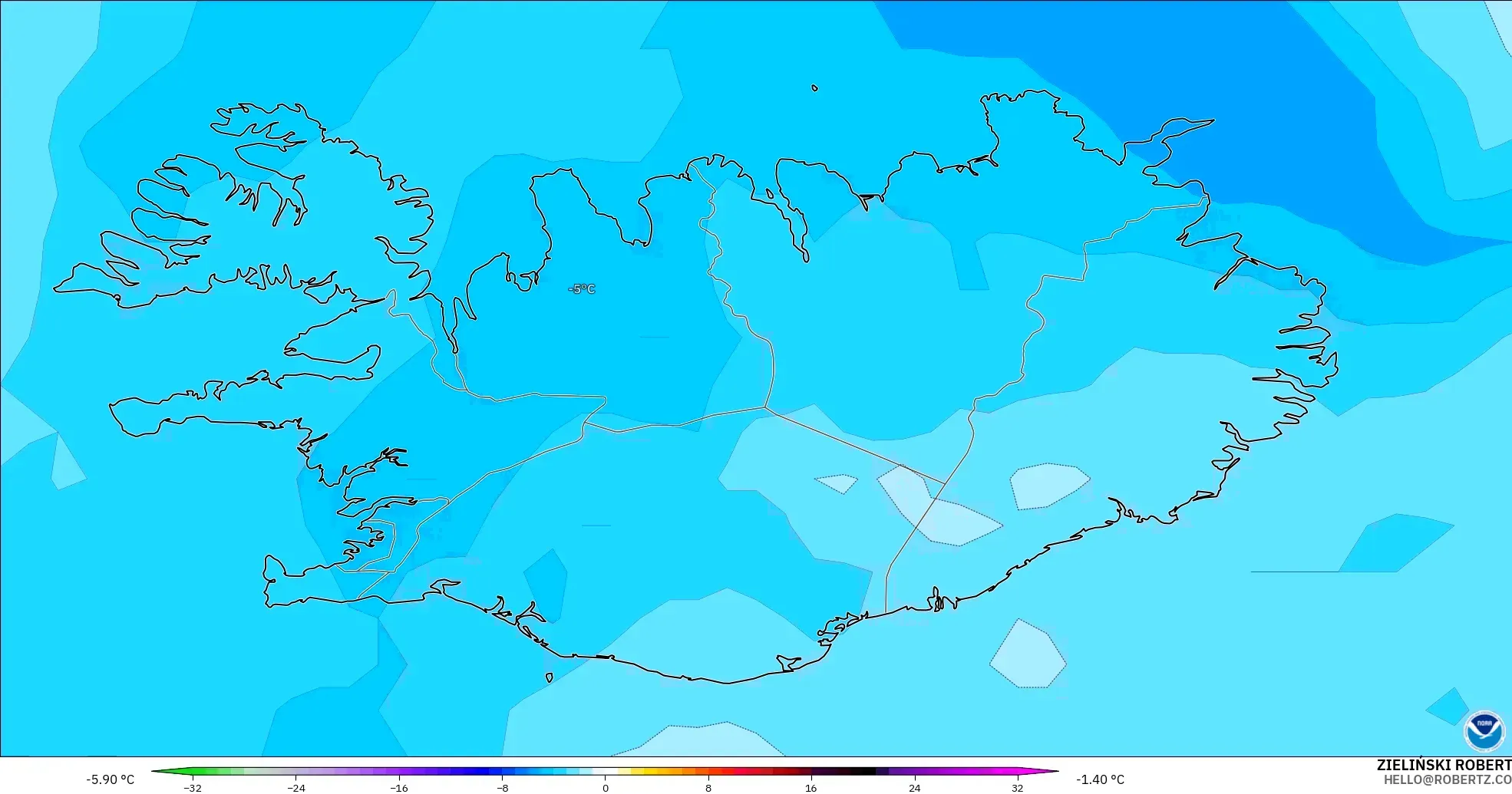 GFS modelo - Islandia, Anomalía de temperatura a 850 hPa