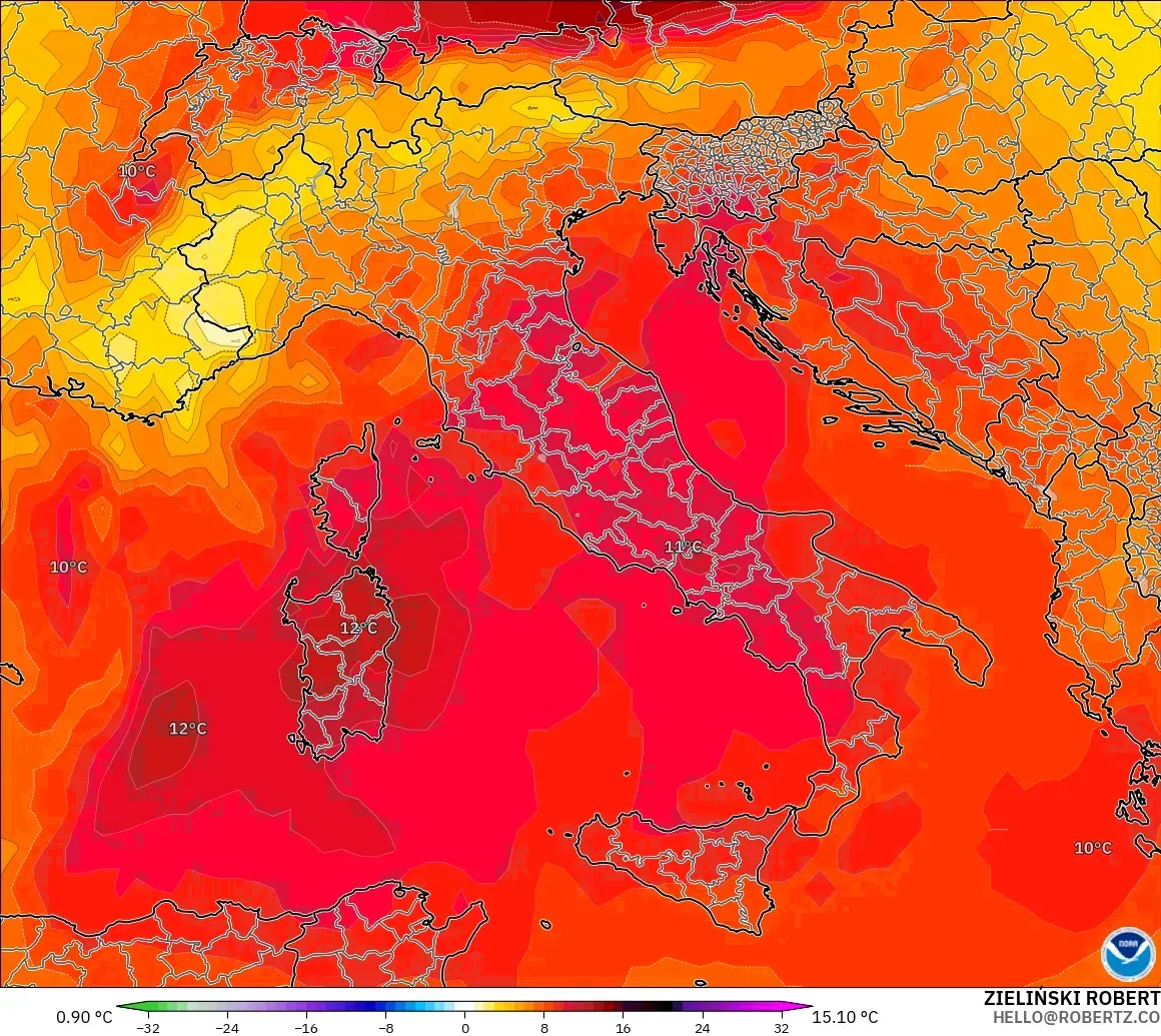 GFS modelo - Italia, Anomalía de temperatura a 850 hPa