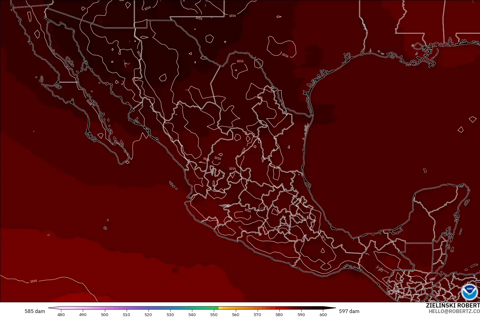 GFS modelo - México, Altura geopotencial a 500 hPa