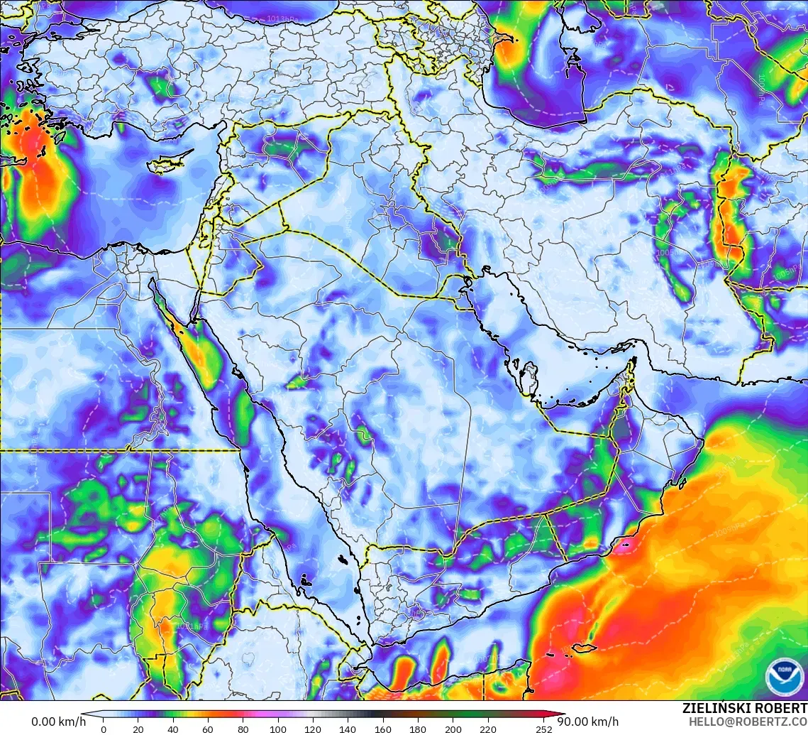 GFS modelo - Oriente Medio, Ráfagas de Viento Máximas