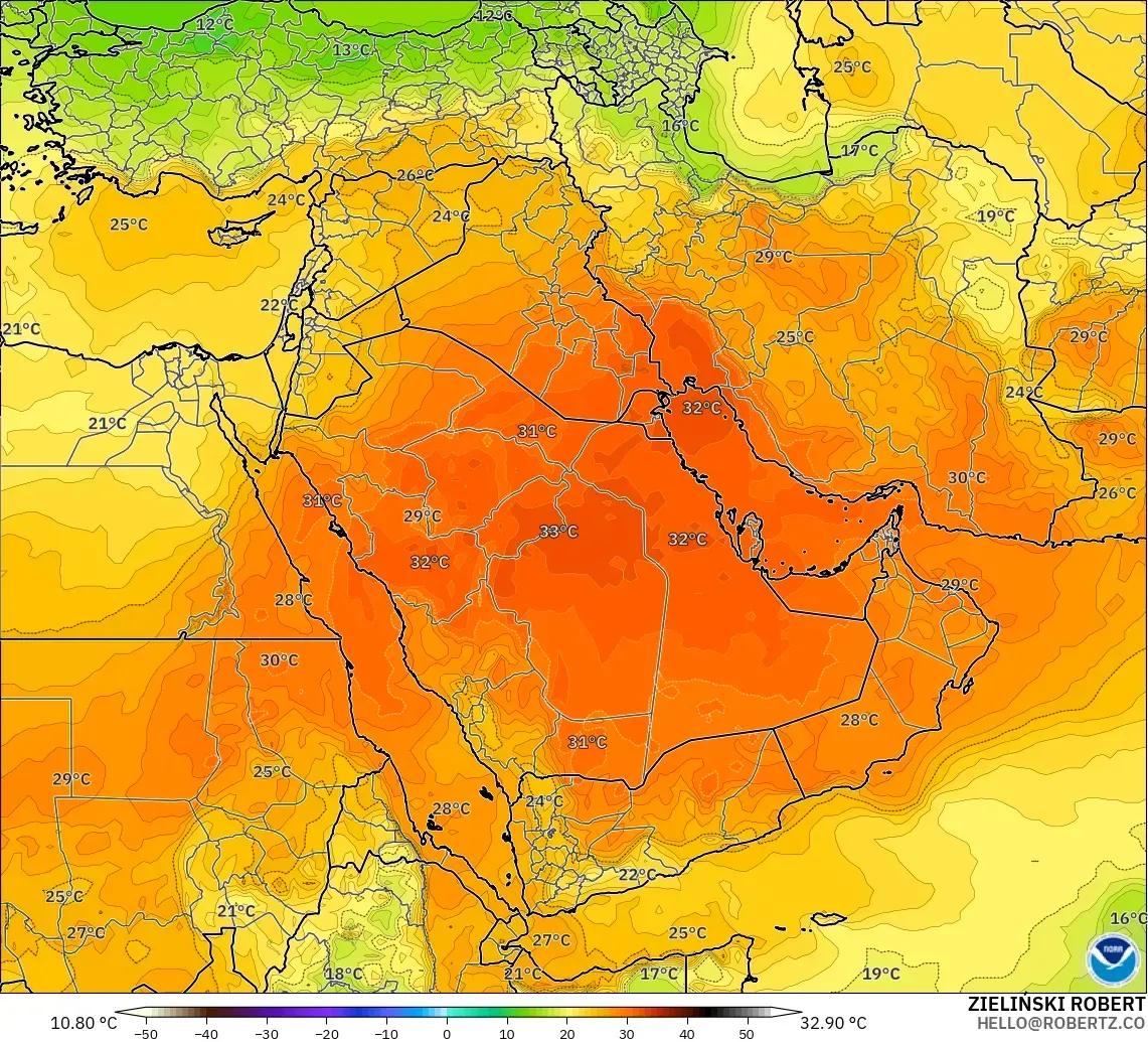 GFS modelo - Oriente Medio, Temperatura a 850 hPa