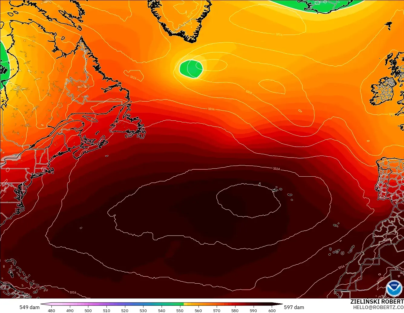 GFS modelo - Norte Atlántico, Altura geopotencial a 500 hPa