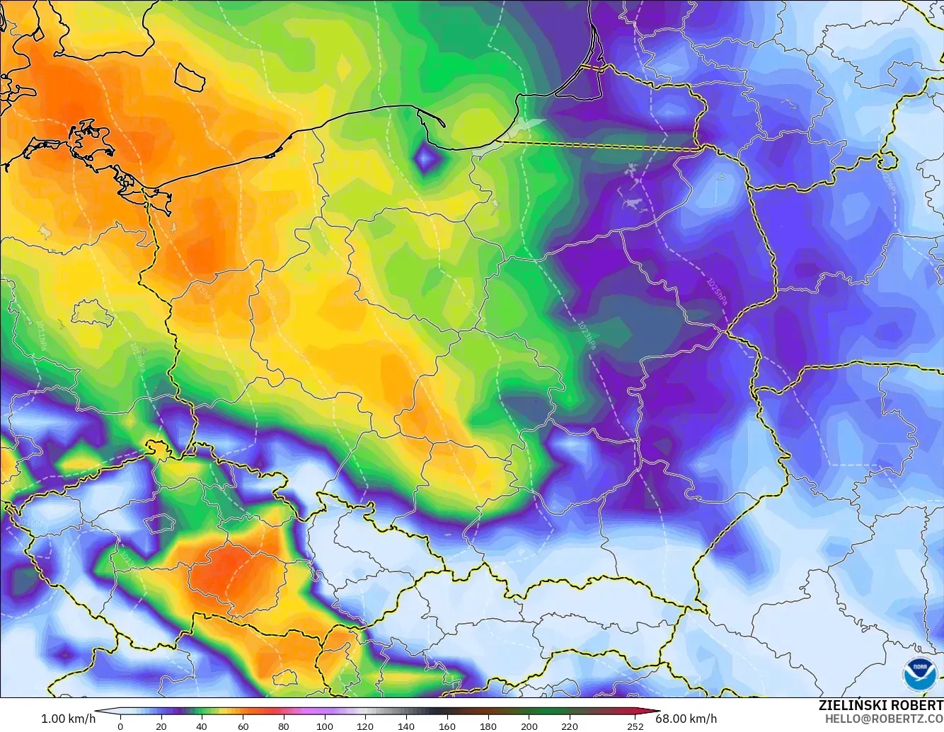 GFS modelo - Polonia, Ráfagas de viento