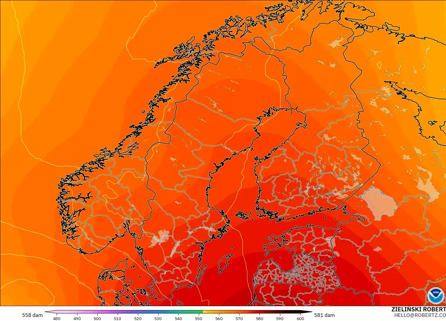GFS modelo - Escandinavia, Altura geopotencial a 500 hPa