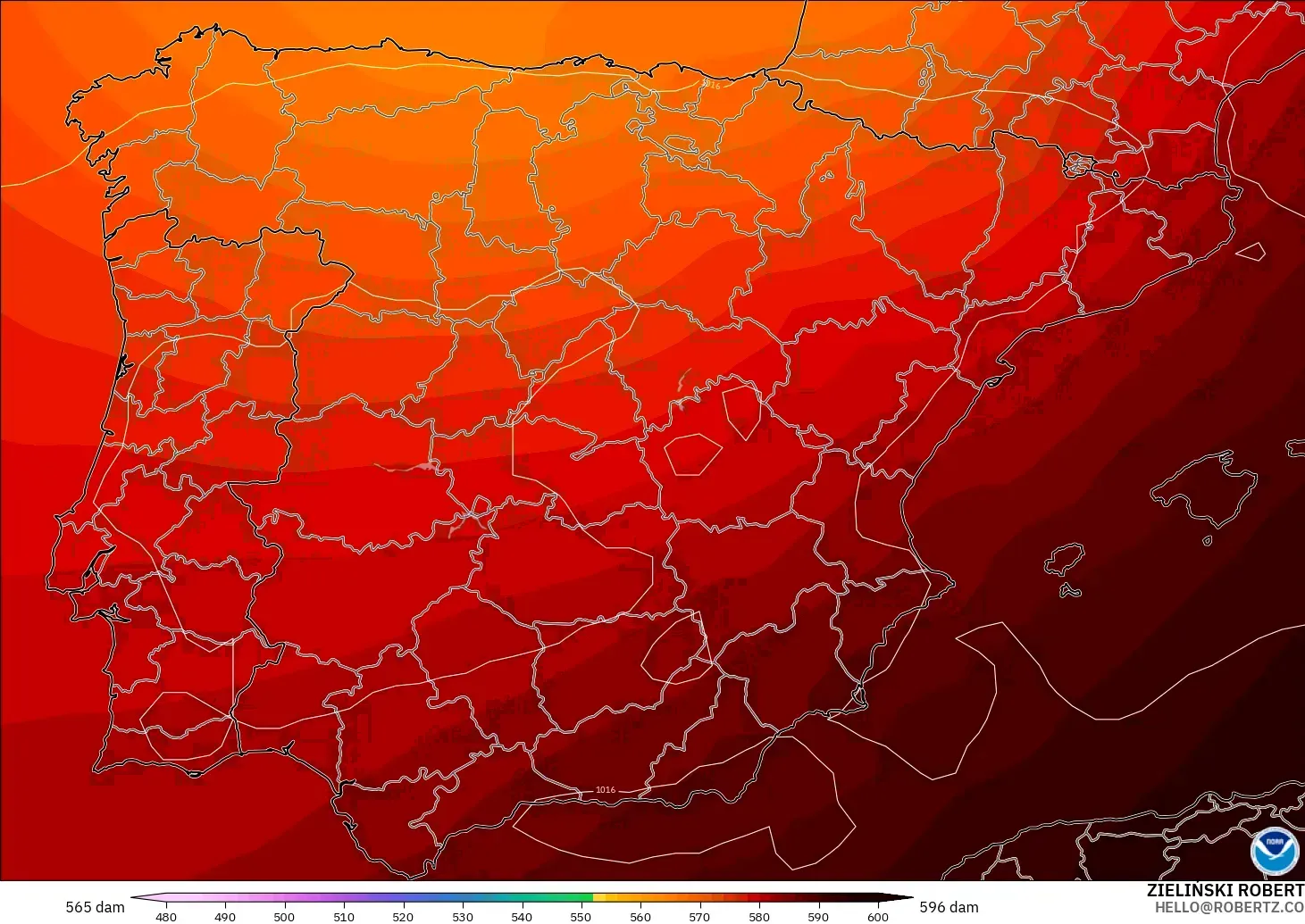 GFS modelo - España, Altura geopotencial a 500 hPa