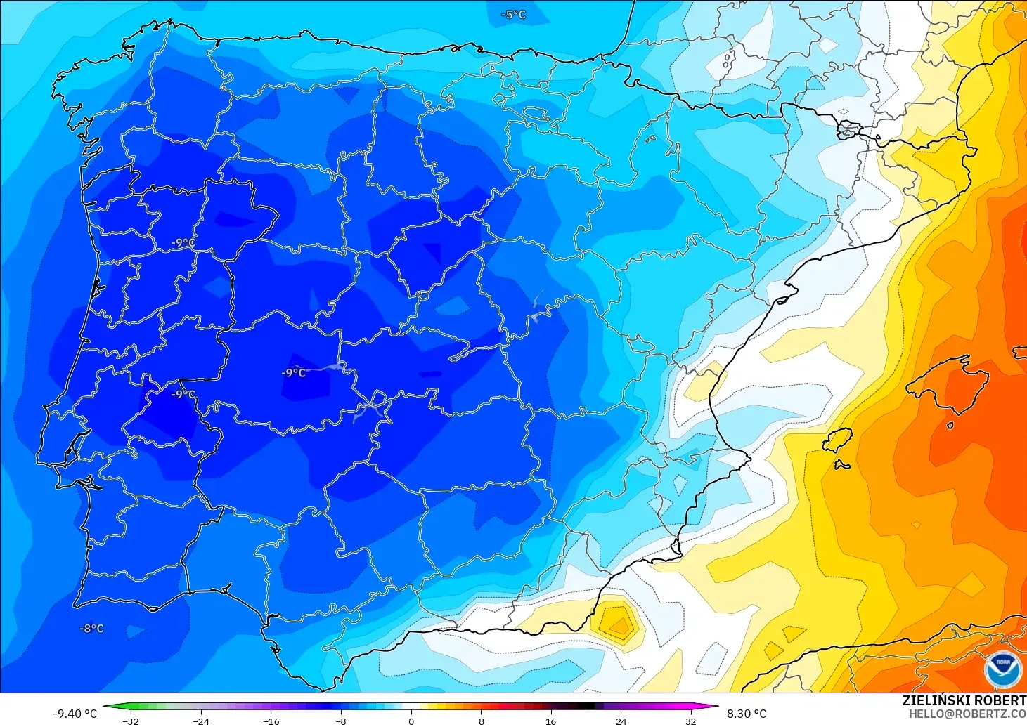GFS modelo - España, Anomalía de temperatura a 850 hPa