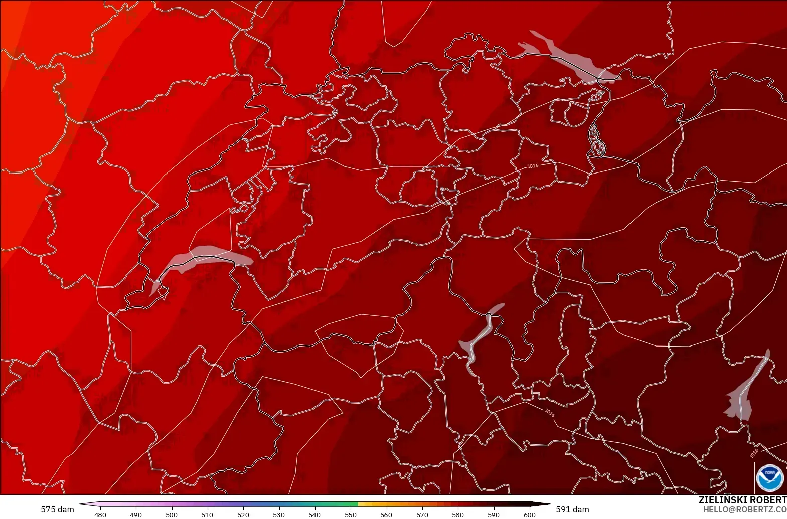 GFS modelo - Suiza, Altura geopotencial a 500 hPa