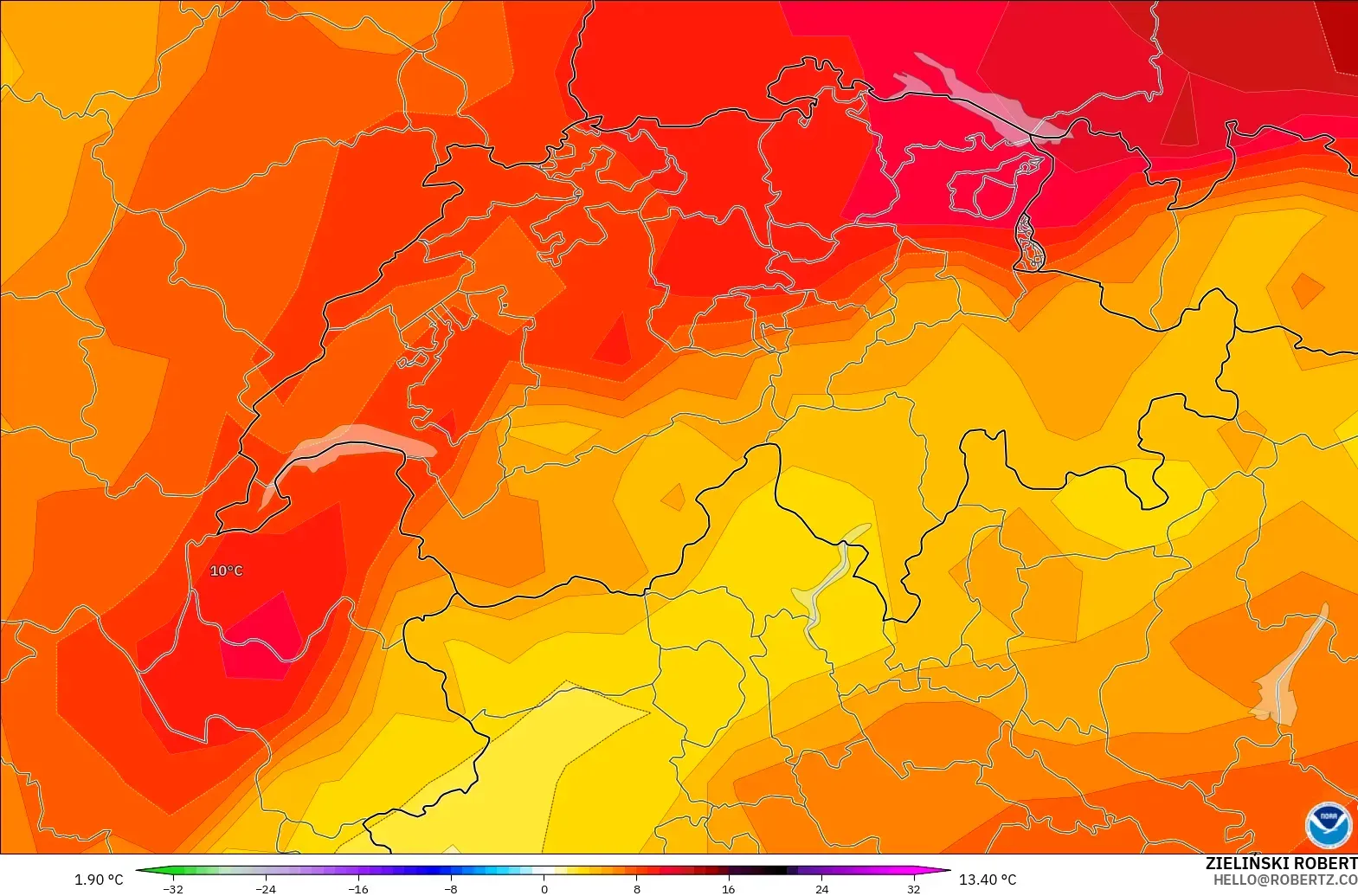 GFS modelo - Suiza, Anomalía de temperatura a 850 hPa