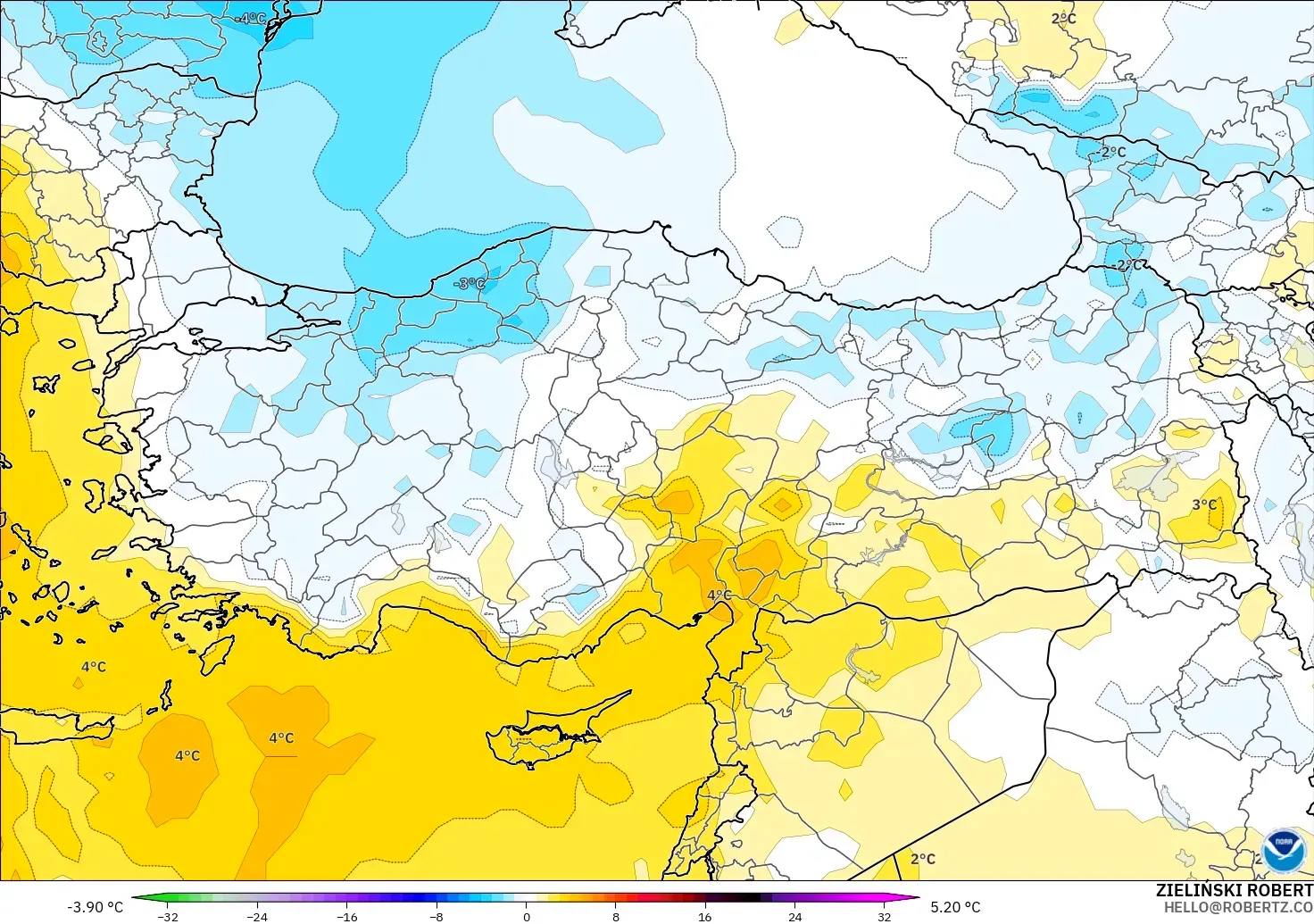 GFS modelo - Turquía, Anomalía de temperatura a 850 hPa