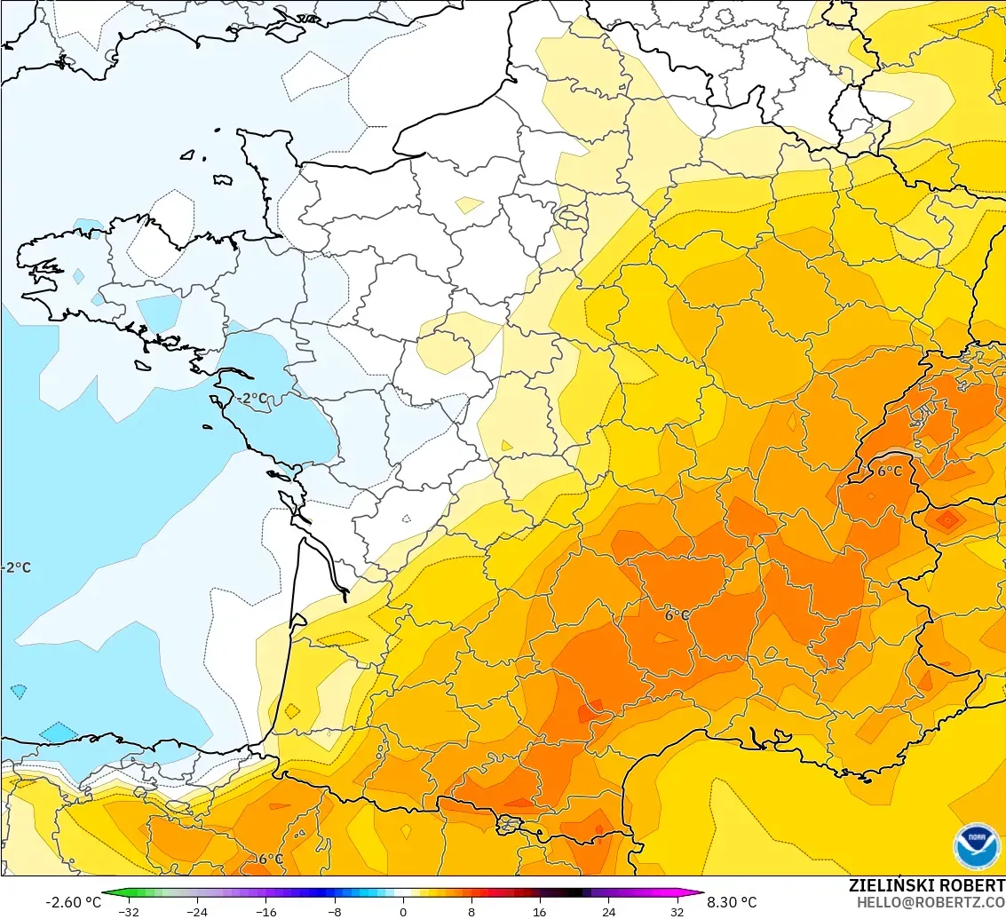 GFS modelo - Francia, Anomalía de temperatura a 850 hPa
