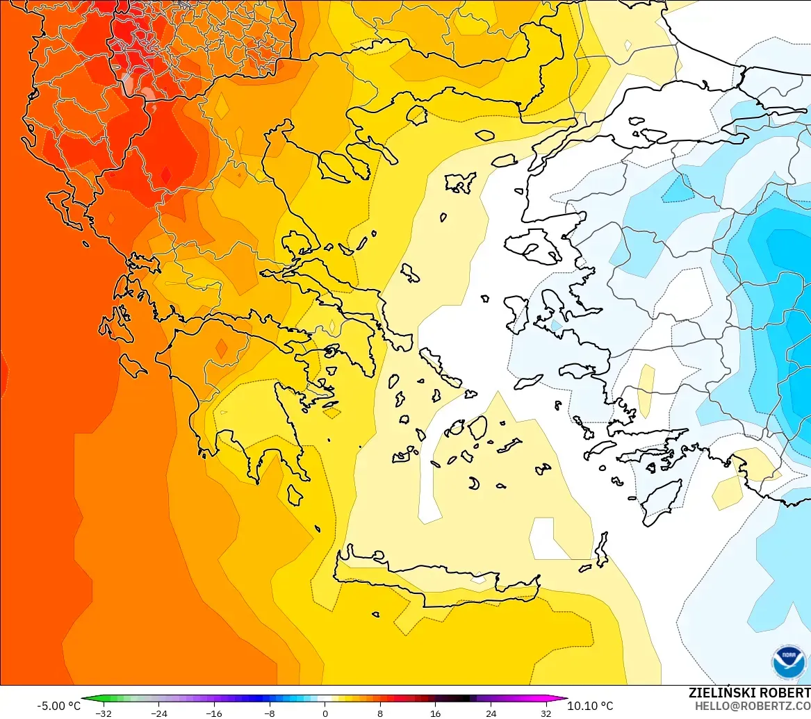 GFS modelo - Grecia, Anomalía de temperatura a 850 hPa