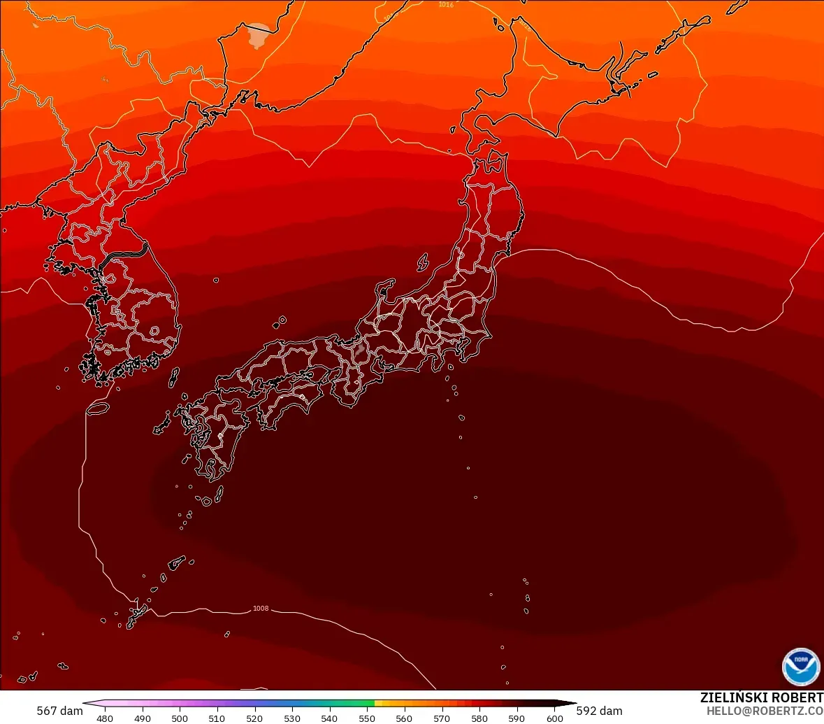 GFS modelo - Japón, Altura geopotencial a 500 hPa