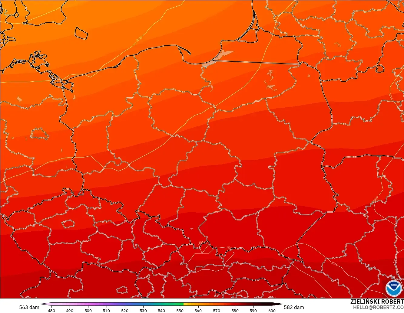 GFS modelo - Polonia, Altura geopotencial a 500 hPa