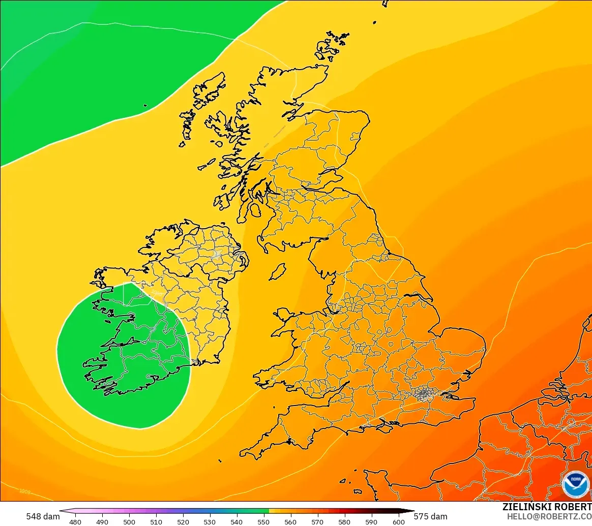 GFS modelo - Reino Unido, Altura geopotencial a 500 hPa