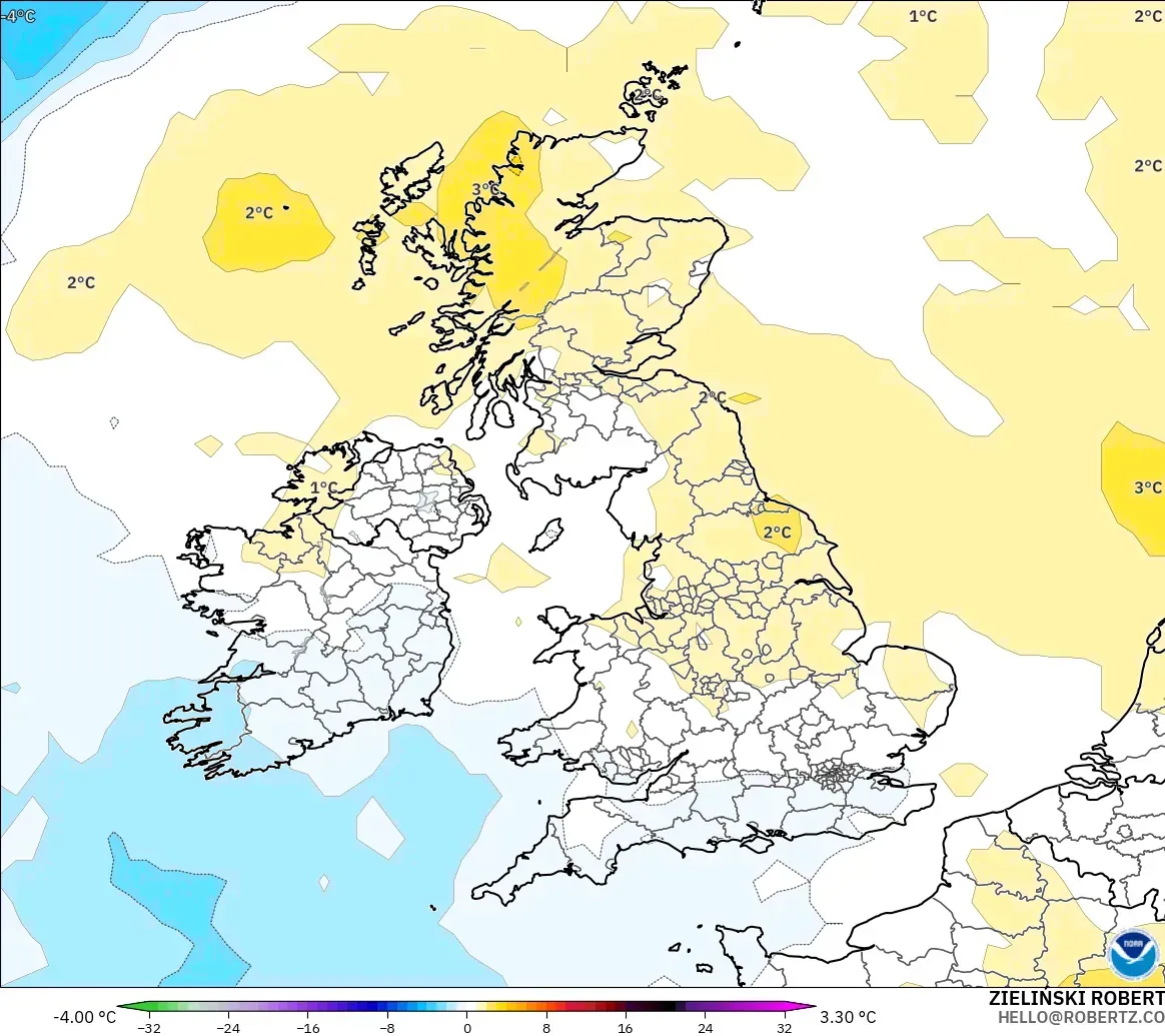 GFS modelo - Reino Unido, Anomalía de temperatura a 850 hPa