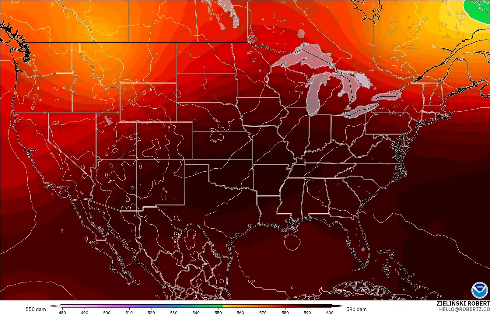 GFS modelo - Estados Unidos, Altura geopotencial a 500 hPa