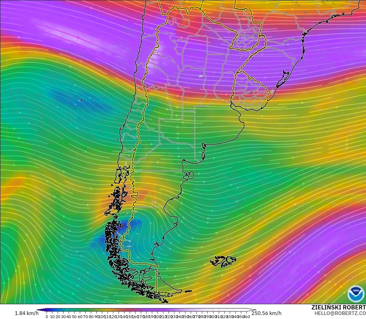 GFS modelo - Argentina, Viento a 300 hPa (corriente en chorro)