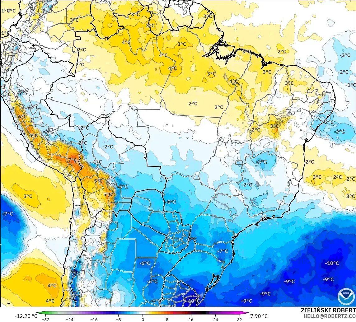 GFS modelo - Brasil, Anomalía de temperatura a 850 hPa
