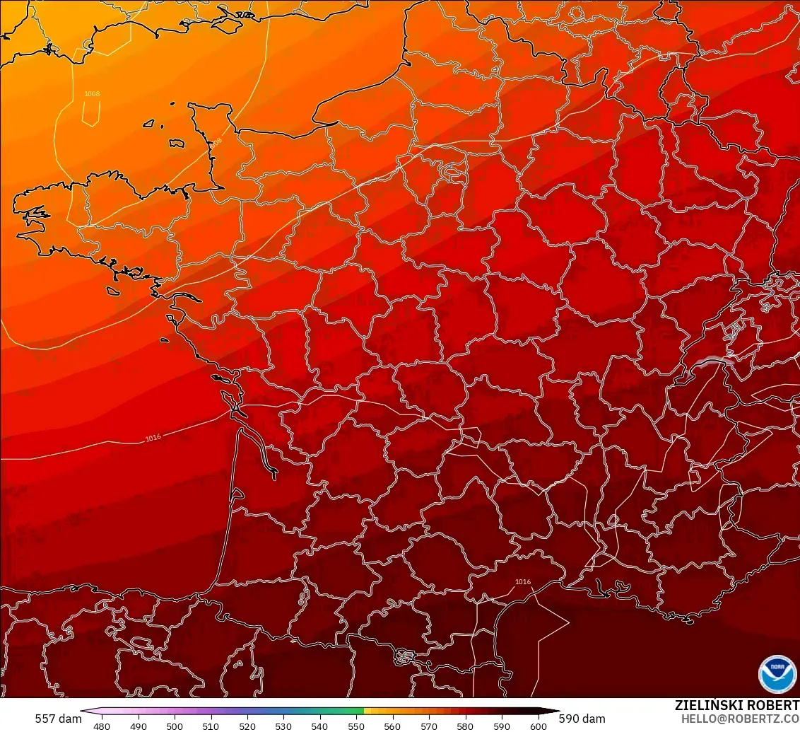 GFS modelo - Francia, Altura geopotencial a 500 hPa