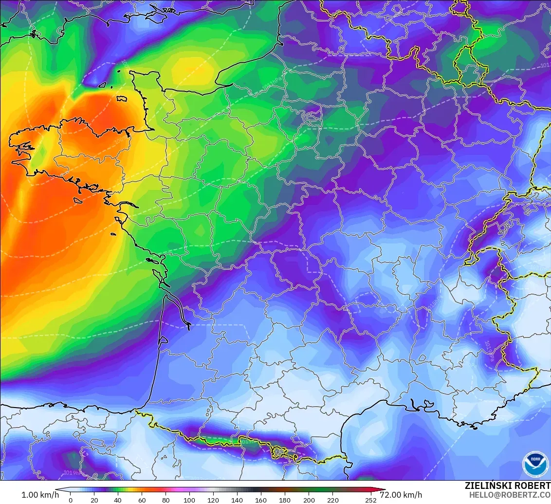 GFS modelo - Francia, Ráfagas de viento