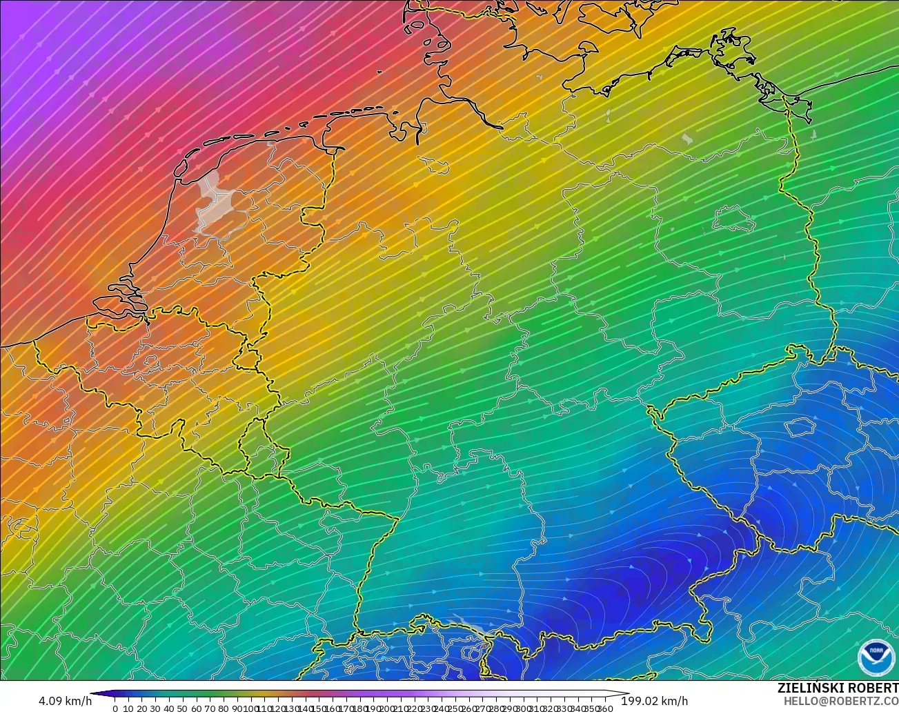 GFS modelo - Alemania, Viento a 300 hPa (corriente en chorro)