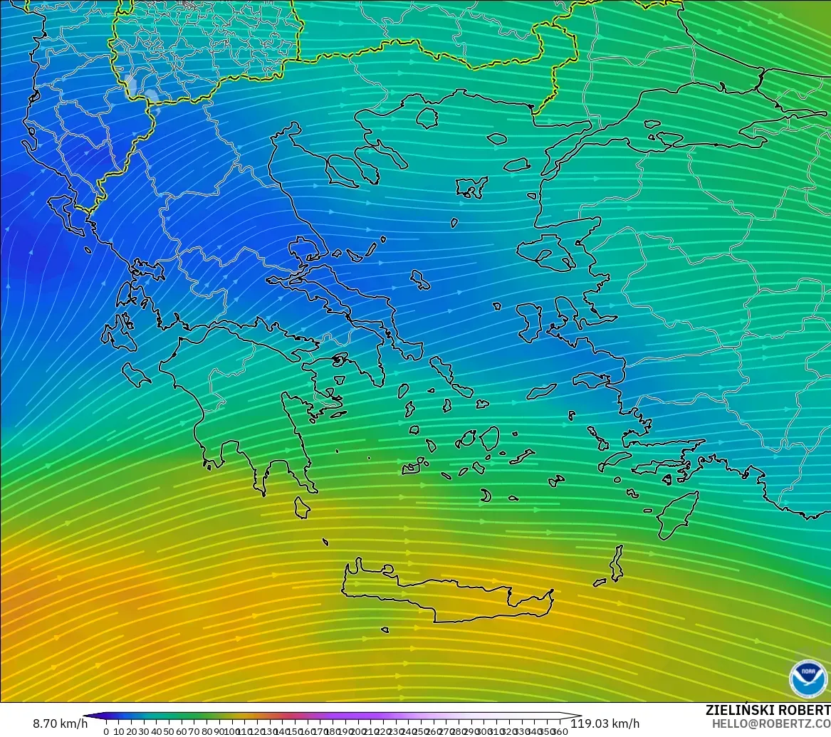 GFS modelo - Grecia, Viento a 300 hPa (corriente en chorro)