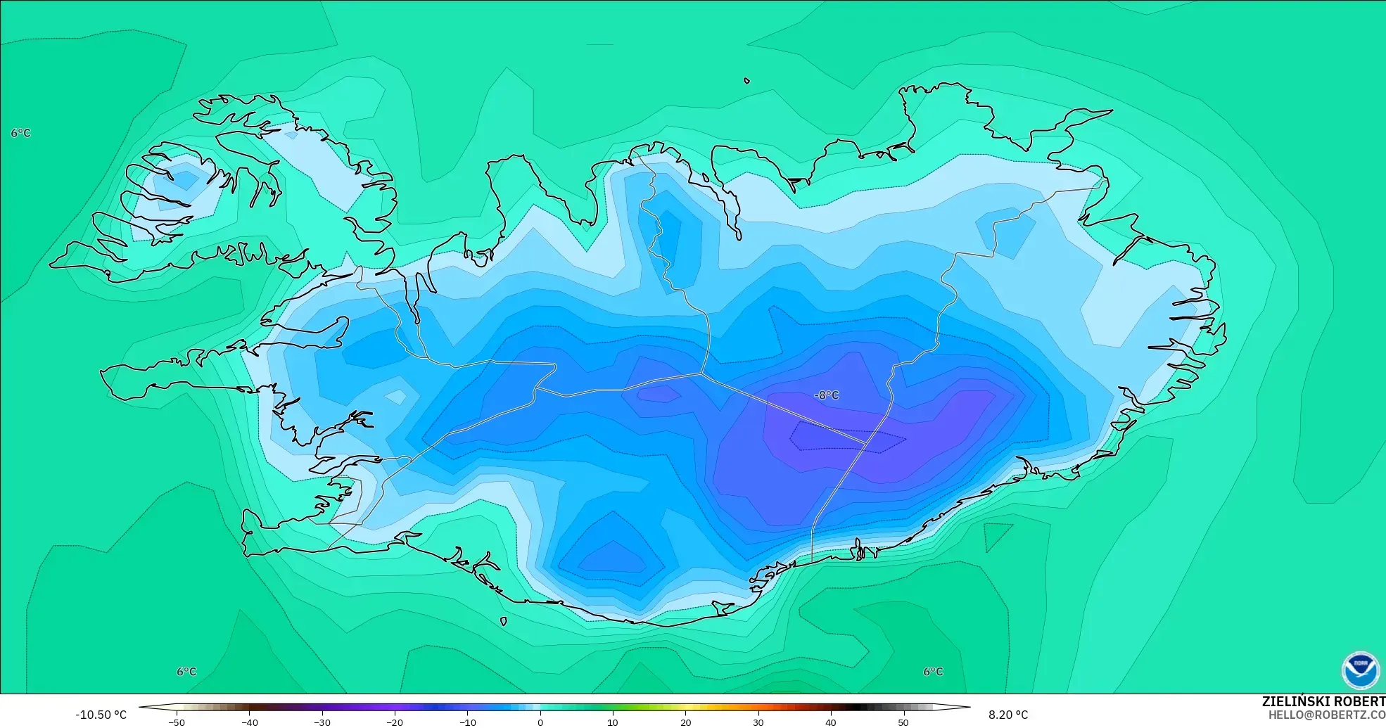 GFS modelo - Islandia, Punto de rocío a 2 m