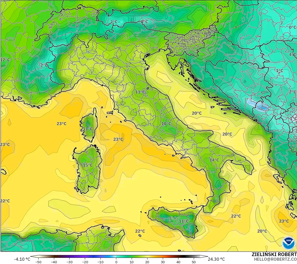 GFS modelo - Italia, Punto de rocío a 2 m