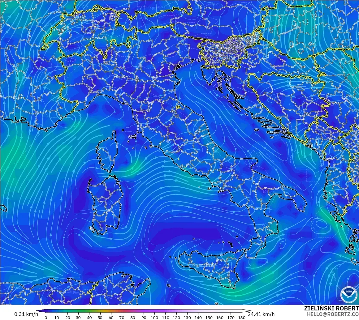 GFS modelo - Italia, Viento a 10 m