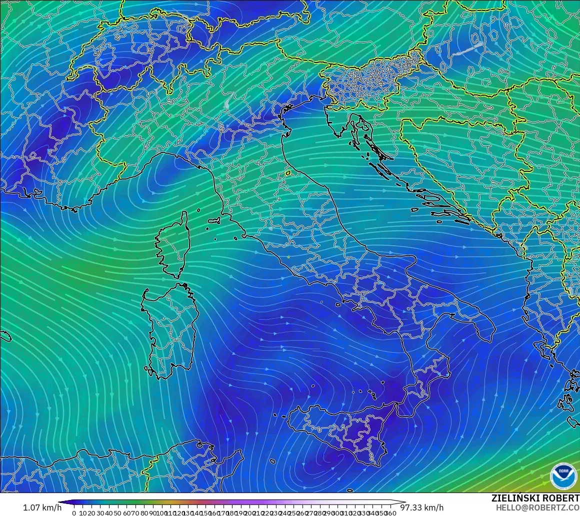 GFS modelo - Italia, Viento a 300 hPa (corriente en chorro)