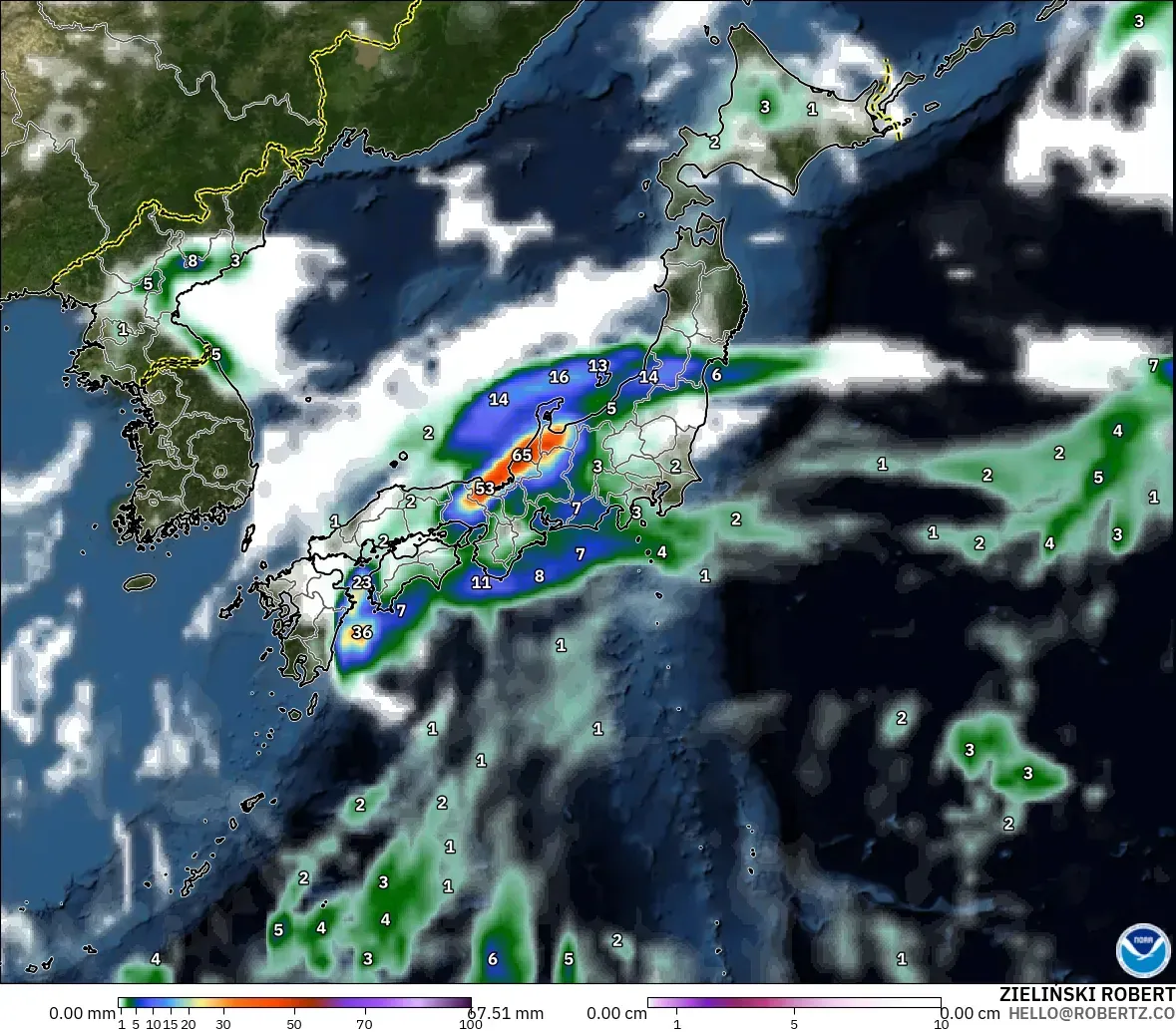 GFS modelo - Japón, Precipitación, nubes y presión