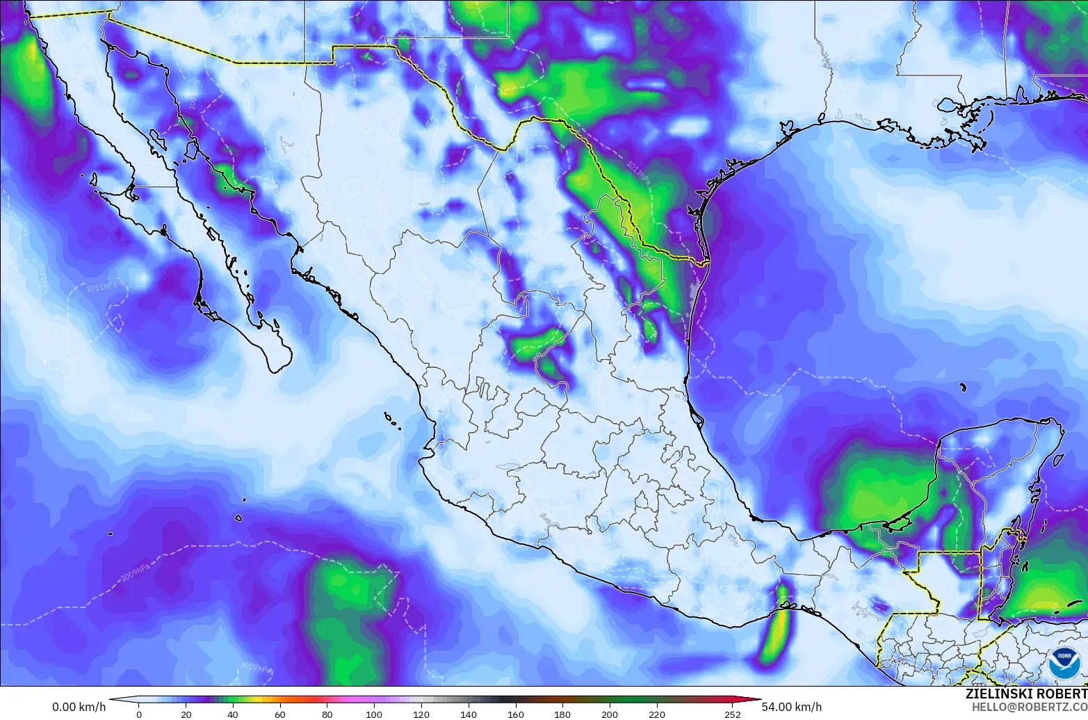 GFS modelo - México, Ráfagas de viento