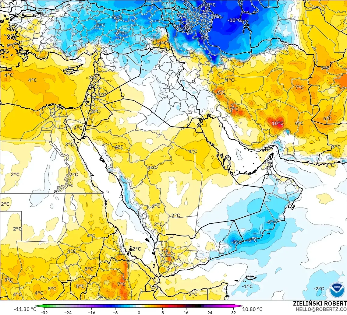 GFS modelo - Oriente Medio, Anomalía de temperatura a 850 hPa
