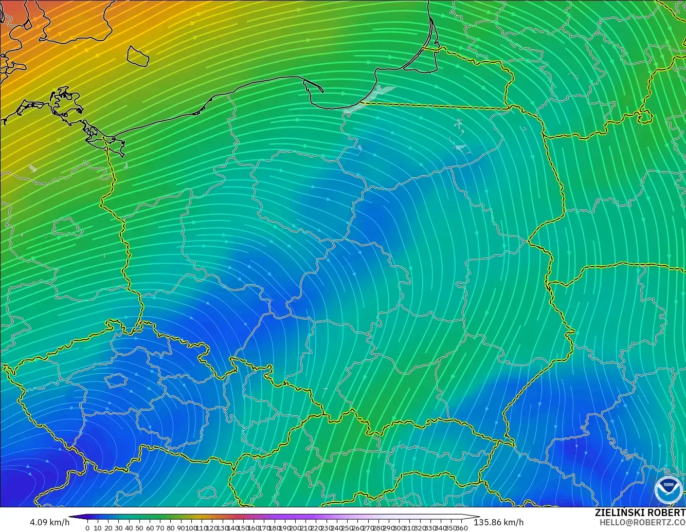 GFS modelo - Polonia, Viento a 300 hPa (corriente en chorro)
