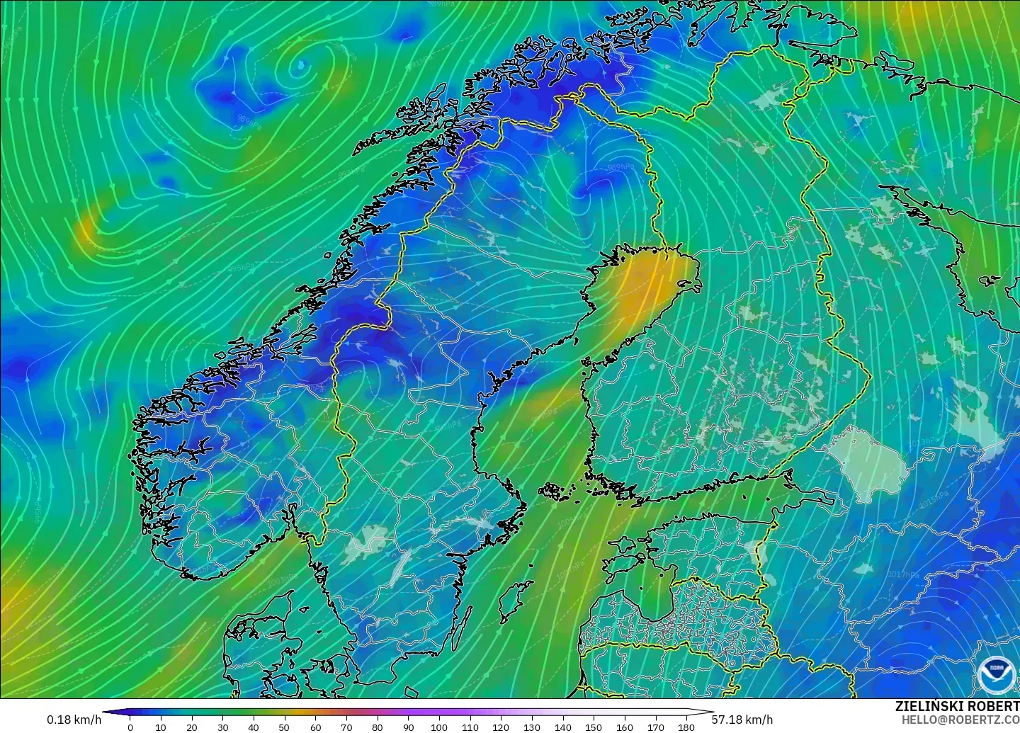 GFS modelo - Escandinavia, Viento a 10 m