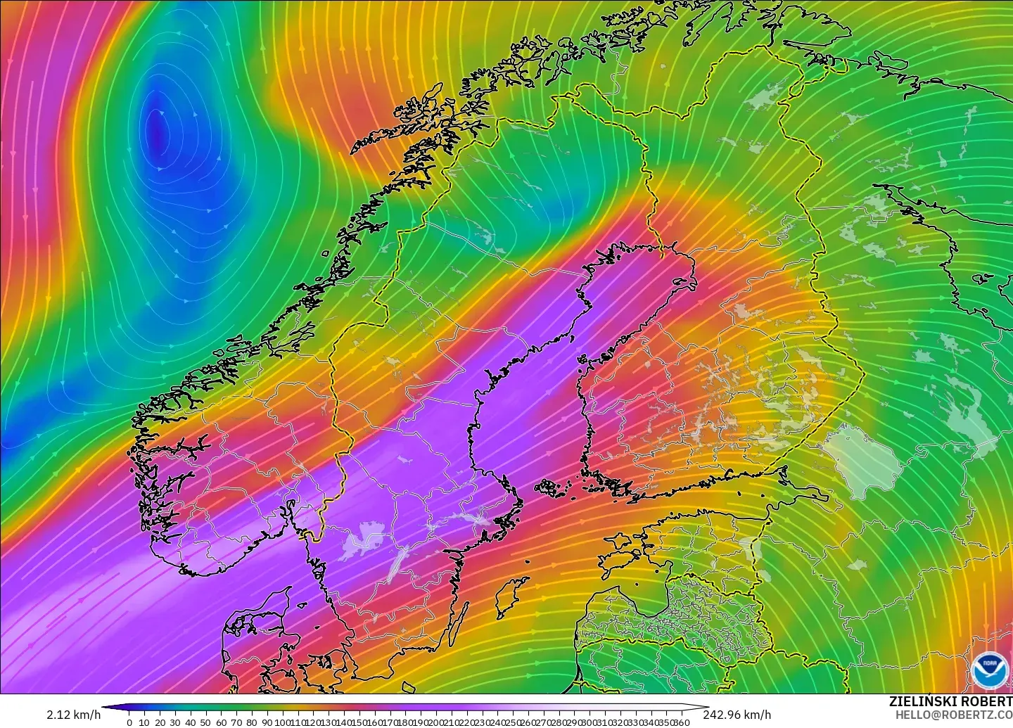 GFS modelo - Escandinavia, Viento a 300 hPa (corriente en chorro)