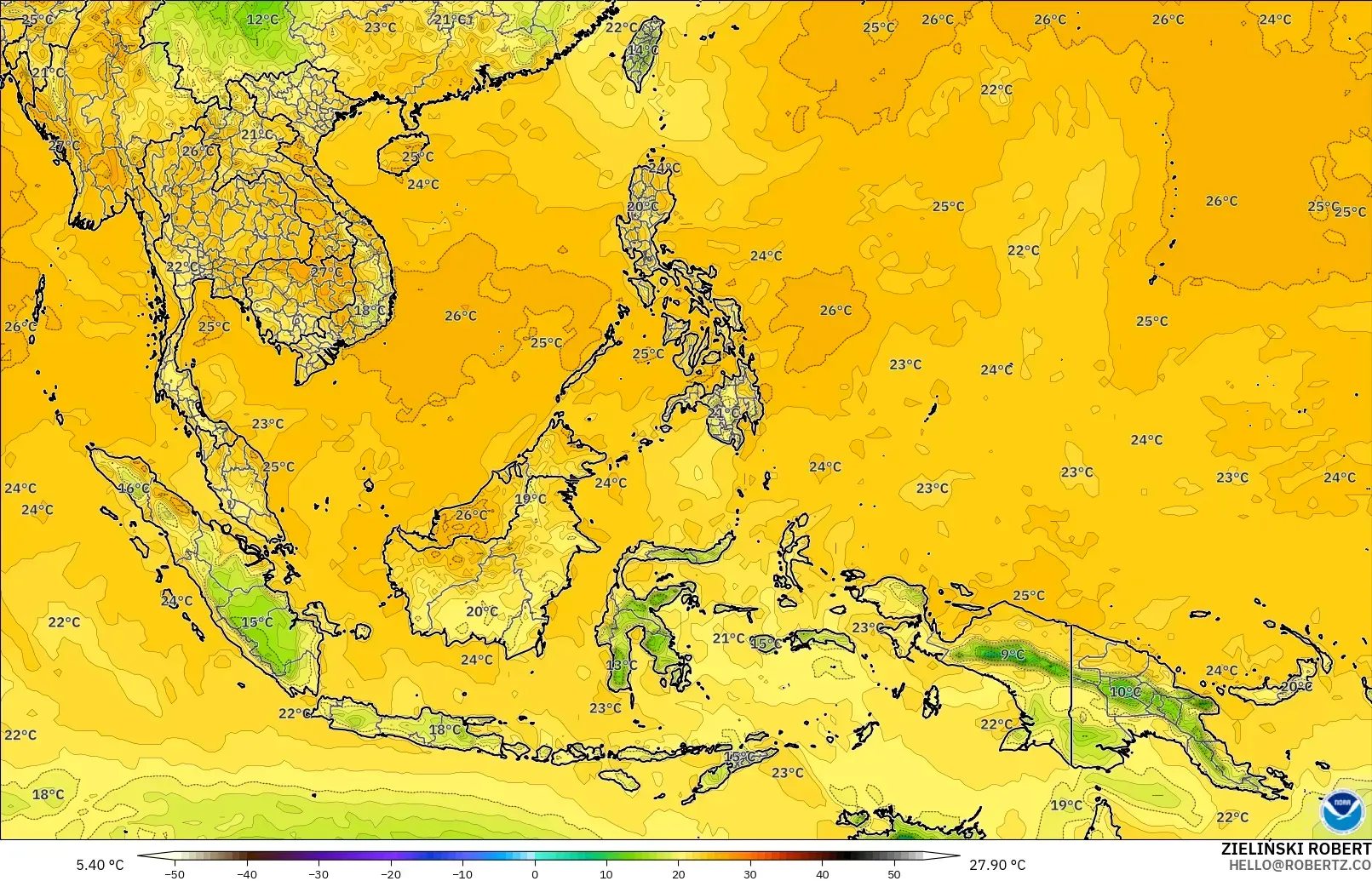 GFS modelo - Sudeste Asiático, Punto de rocío a 2 m