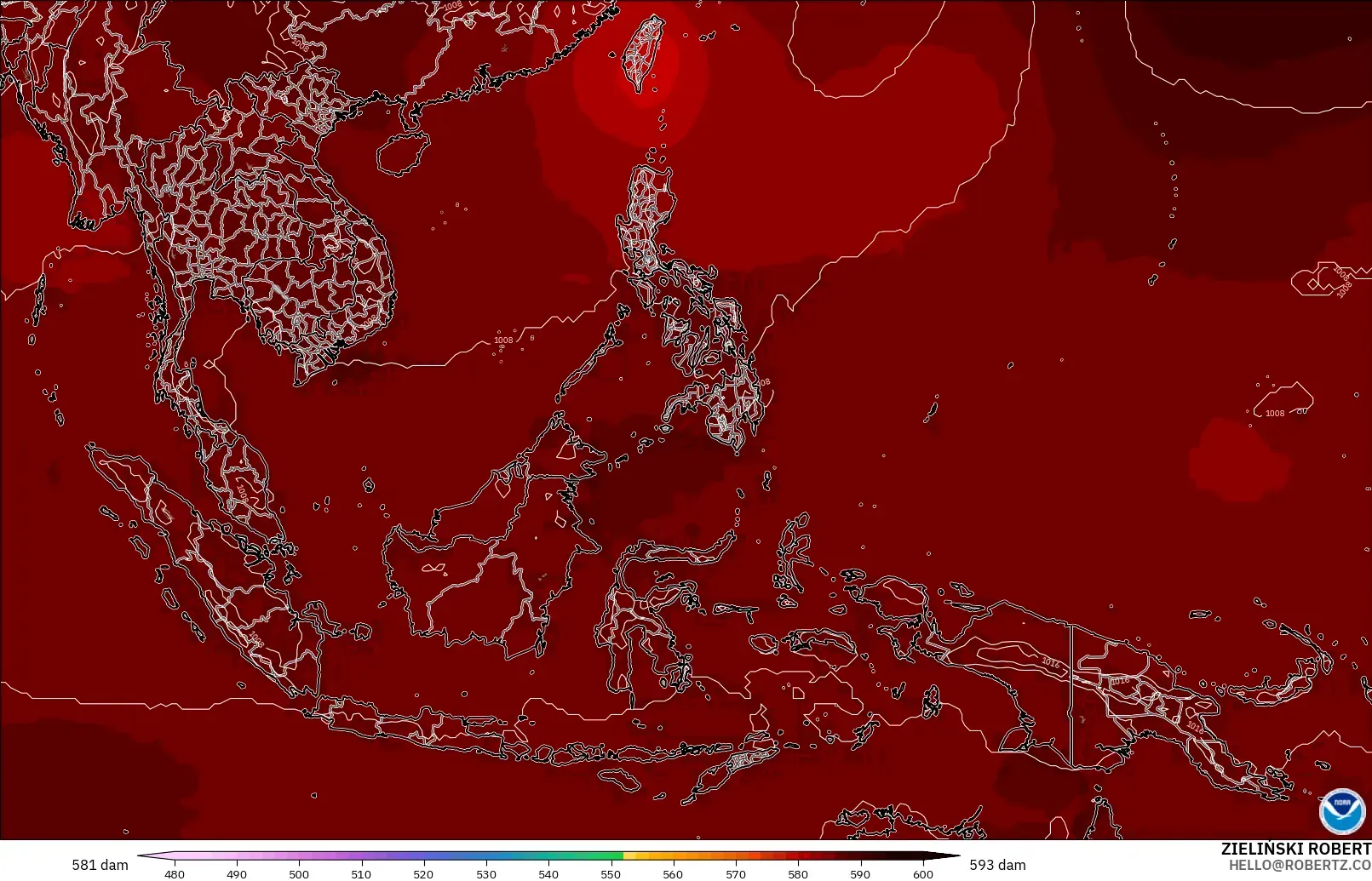 GFS modelo - Sudeste Asiático, Altura geopotencial a 500 hPa