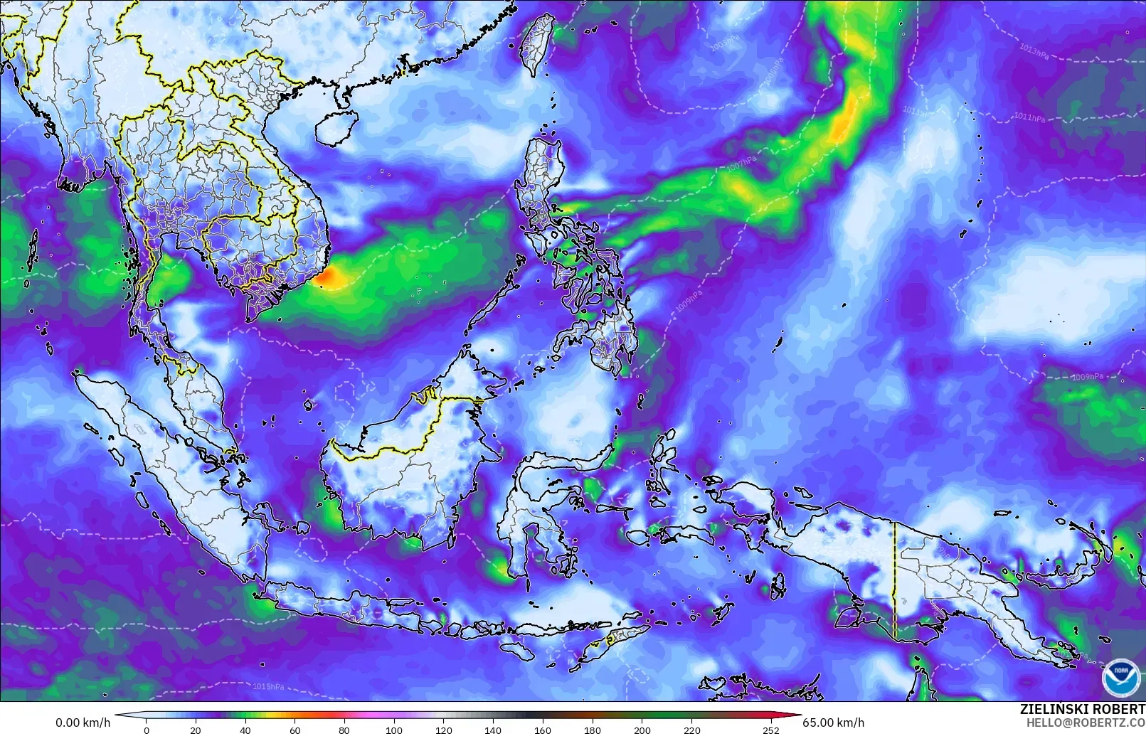 GFS modelo - Sudeste Asiático, Ráfagas de Viento Máximas