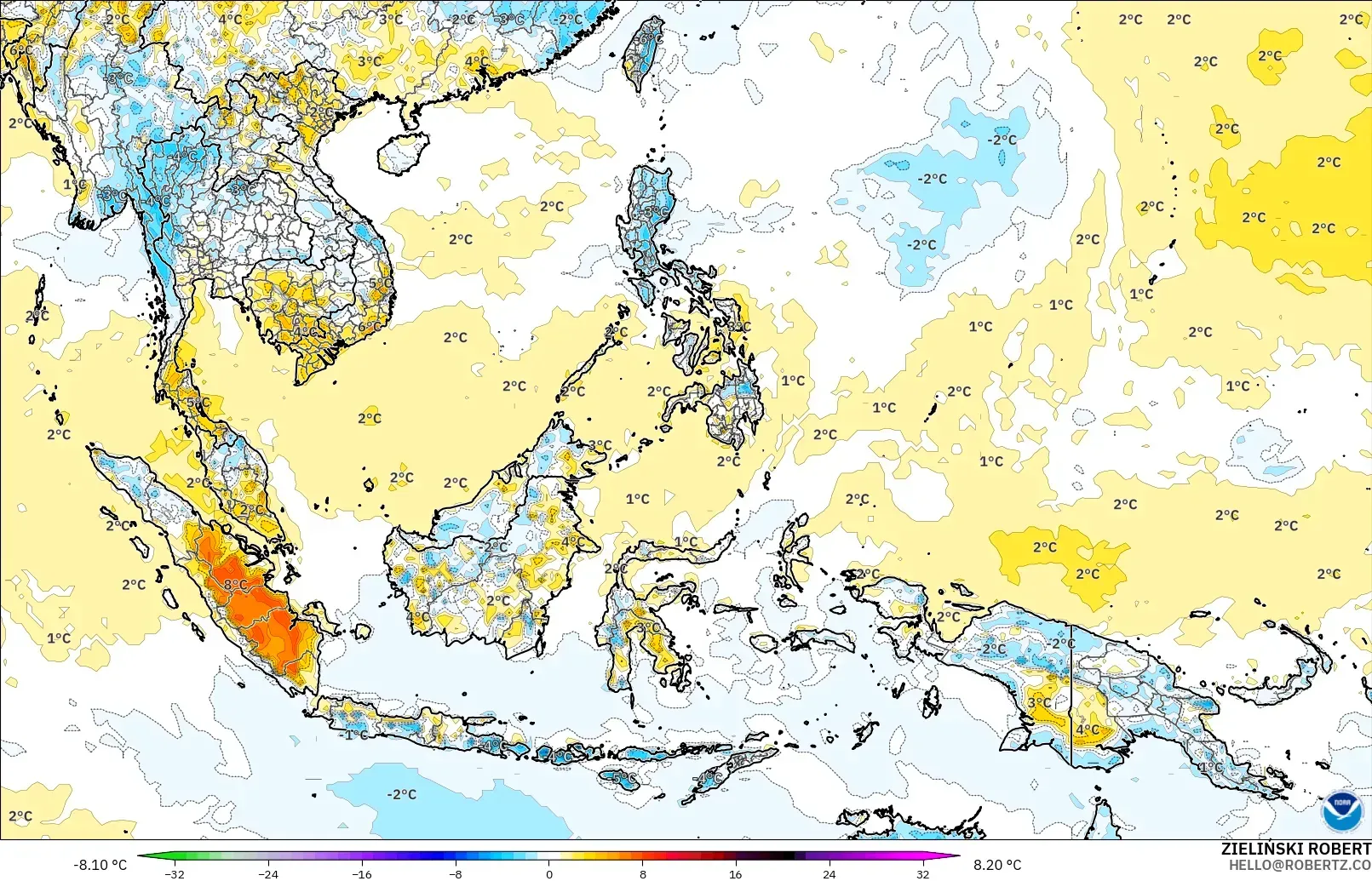 GFS modelo - Sudeste Asiático, Anomalía de temperatura a 2 m
