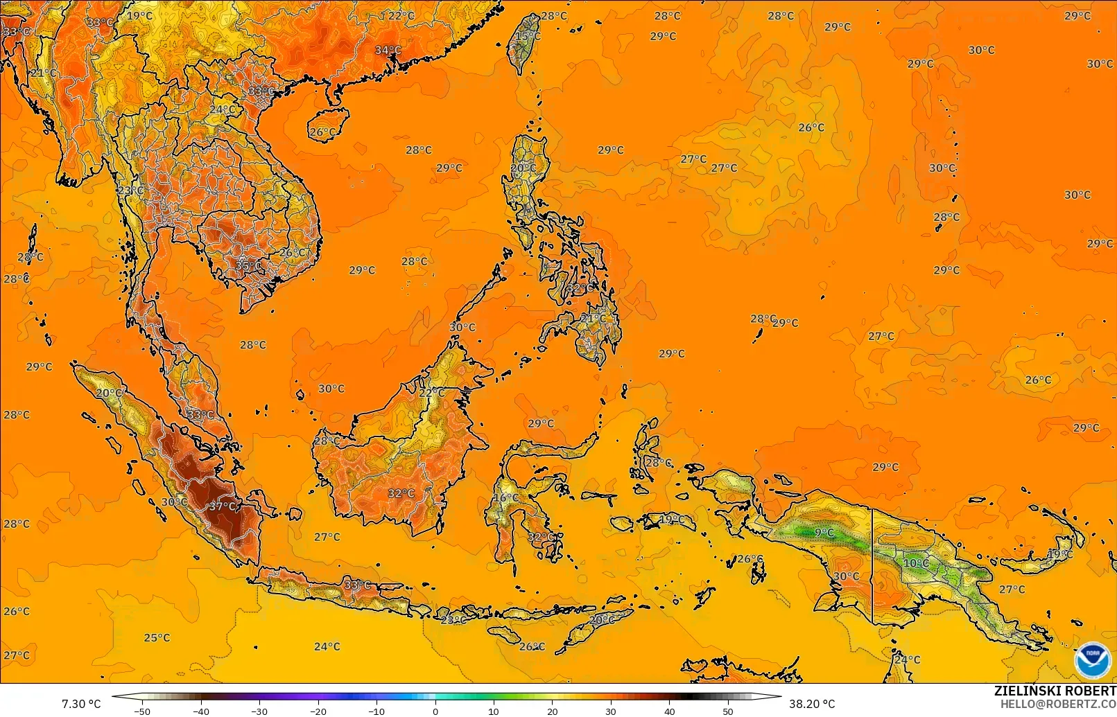GFS modelo - Sudeste Asiático, Temperatura a 2 m