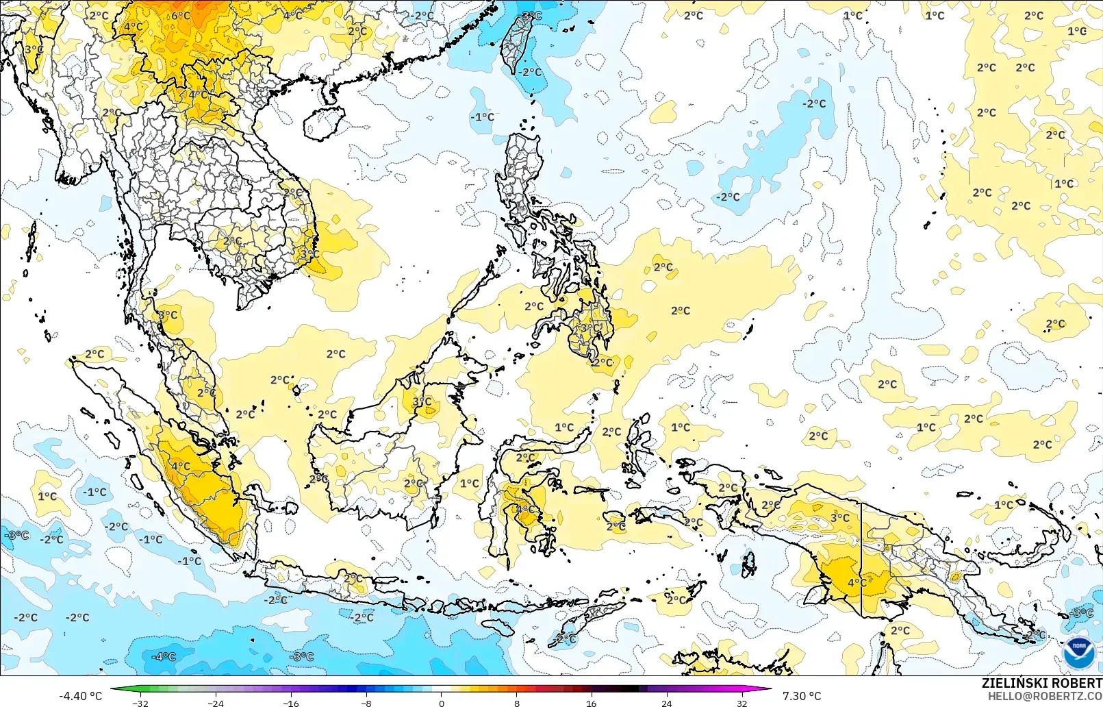 GFS modelo - Sudeste Asiático, Anomalía de temperatura a 850 hPa